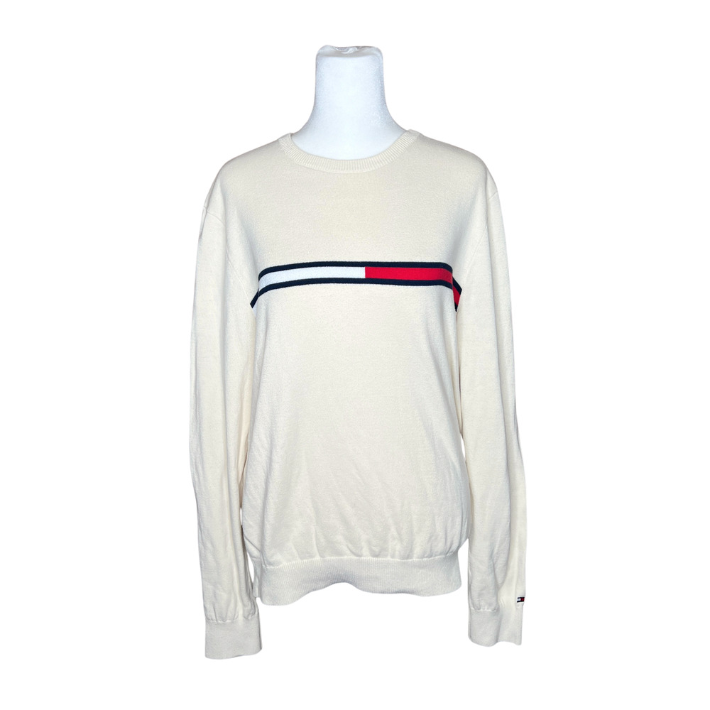 Tommy Hilfiger Sweater S Cream Chest Stripe Preppy Classic Minimalist Academia